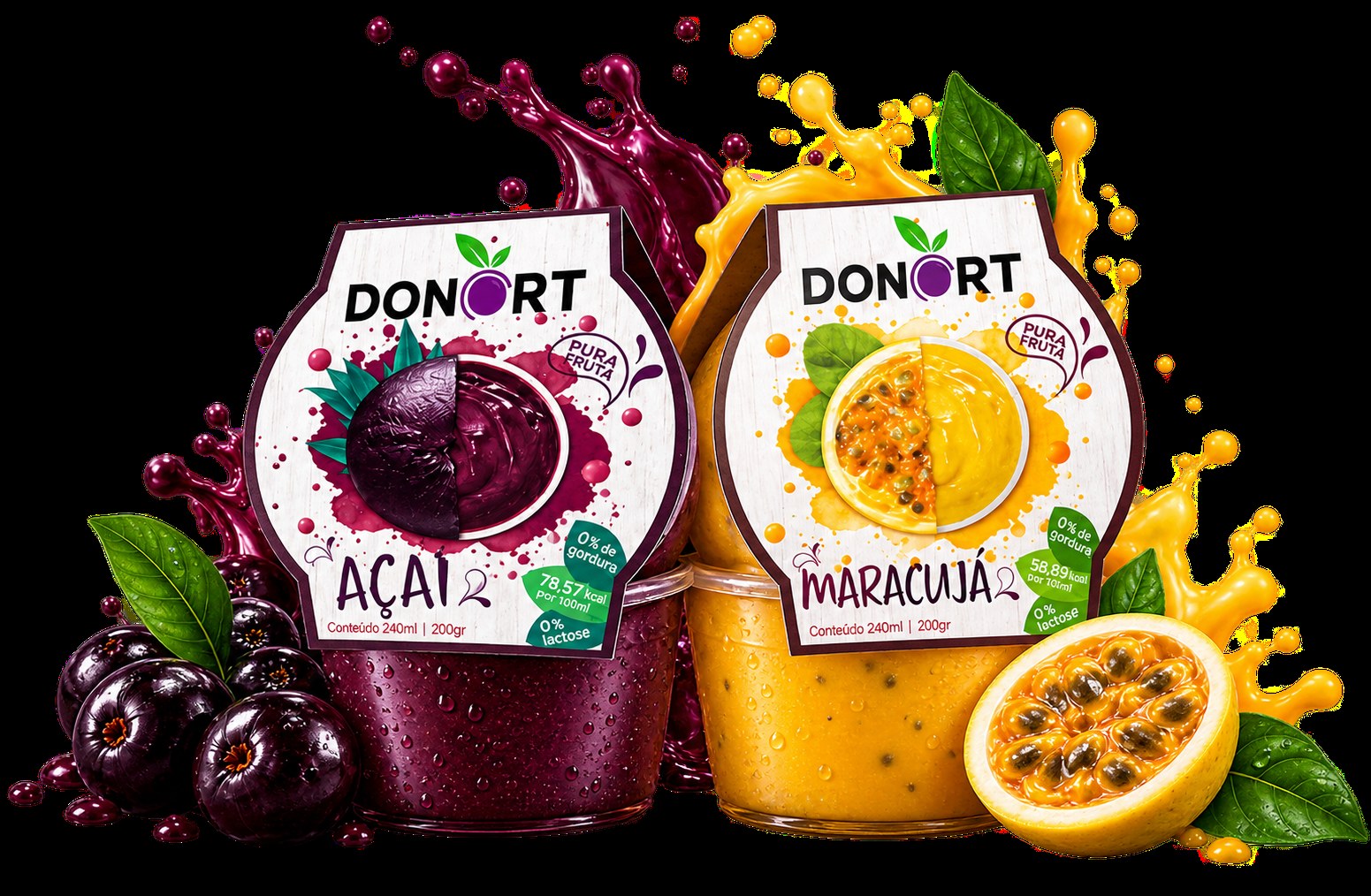 Cremes de frutas Donort nos sabores açaí e maracujá